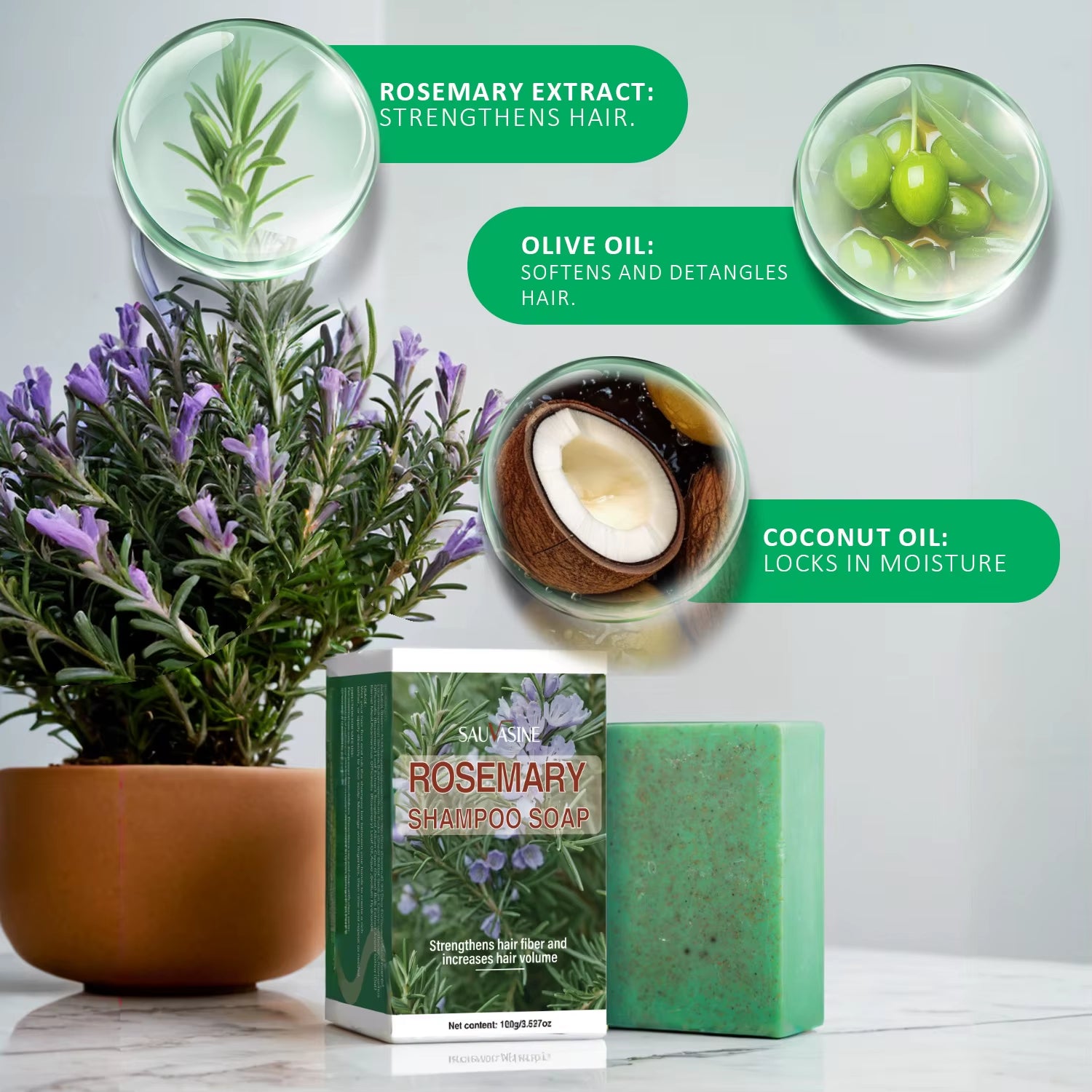 100G Rosemary Soap for Hair Growth Volumizing Smoothing Bars Strengthening Thickening Hair Care Shampoo for All Hair Types