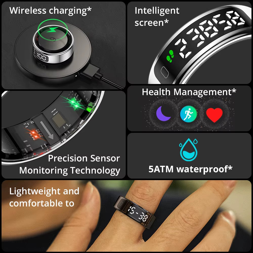 2025  R12 Smart Ring with Display Screen and Touch, Wireless Charging, Health Manager, 5 ATM Waterproof for Men Women
