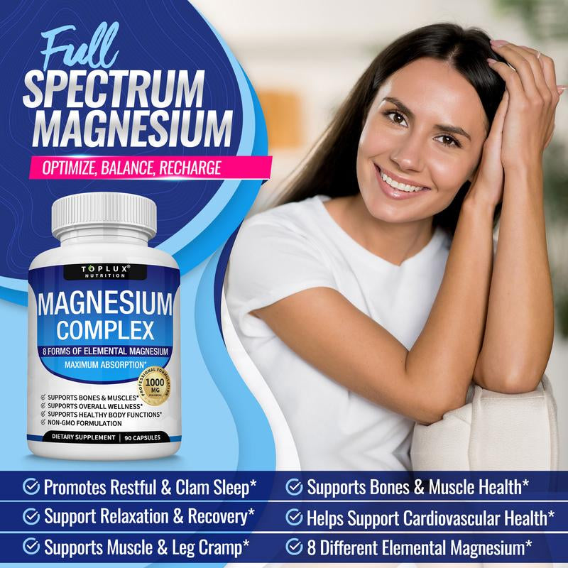 Unlock Your Health Potential with Toplux Magnesium Complex - 8 Essential Magnesium Supplement (1000mg) for Sleep and Bone Health